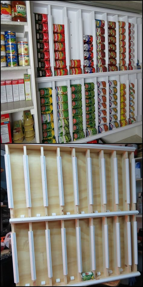 How To Build A Rotating Canned Food System  http://theownerbuildernetwork.co/easy-diy-projects/diy-storage-projects/diy-rotating-canned-food-system/  If you need a great storage system for your pantry, then this project is for you! Could this be your next project to organize your pantry? Diy Storage Projects, Diy Pantry Organization, Diy Organizer, Desain Pantry, Kabinet Dapur, Diy Pantry, Pantry Ideas, Pantry Design, Pantry Storage