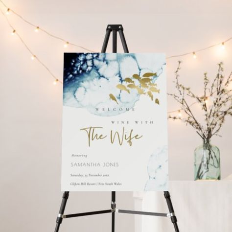 Navy Fish Wine With Wife Bridal Shower Welcome Foam Board #zazzle #weddinginvitations #birthdayinvitations #babyshowerinvitations #zazzleinvitations #monogram #businesscards #graduation #homedecor Usmc Wedding, Wine Bridal Shower Invitations, Gold Wedding Ceremony, Gold Engagement Party, Bridal Shower Wine, Shower Foam, Gold Bridal Showers, Bridal Shower Welcome Sign, Gold Baby Showers