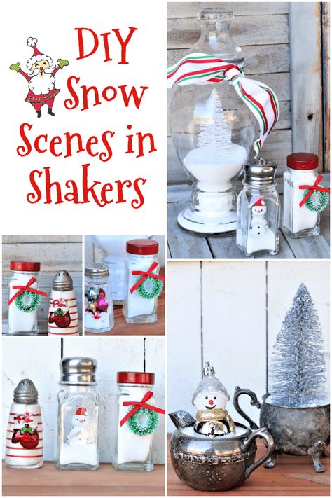 Shaker Ornaments Diy, Salt Shaker Crafts, Snowman Salt And Pepper Shakers Diy, Snowman Made Out Of Salt And Pepper Shakers, Snowmen Salt Shakers, Salt Shaker Snow Globe, Jars Snow, Mitten Ornaments, Multi Colored Flowers