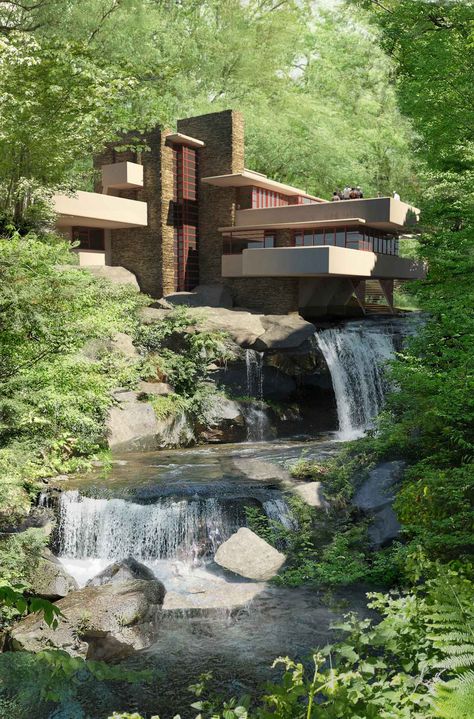 Falling Water House Plan, Falling Water Interior, Falling Water House Drawing, The Falling Water House, House With Waterfall, Falling Water Architecture, Fallingwater House, Falling Water House, Waterfall House