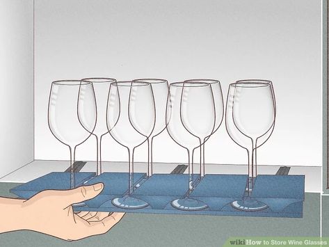 3 Ways to Store Wine Glasses - wikiHow Life Glass Ware Storage, Diy Wine Glass Rack, Glassware Storage, Wine Glass Rack, Delicate Design, Storage Ideas, Kitchen Inspirations, Wine Glasses, Cupboard