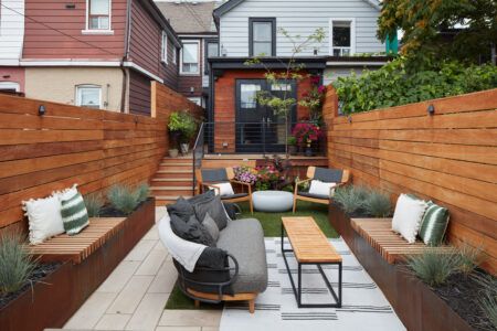 Toronto Projects | Landcare | Toronto Landscaping & Lawn Care Services Toronto Backyard, Toronto Landscape, Trinity Bellwoods, Blue Fescue, Corten Steel Planters, Dream Landscape, Horizontal Fence, Steel Planters, Serving Drinks