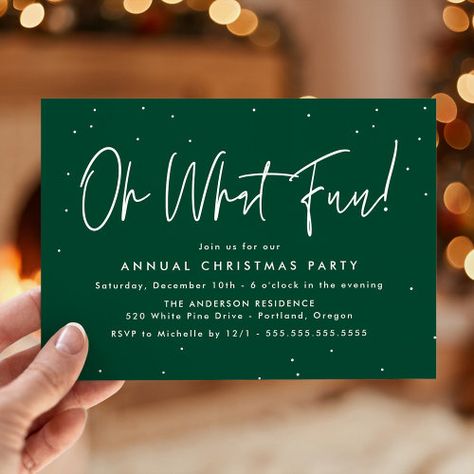 $2.93 | Modern Oh What Fun Script Green Holiday Party - oh what fun, holiday party, christmas party, christmas dinner, modern, script, green and white, festive, corporate holiday party, minimal Corporate Christmas Parties, Corporate Holiday Party, Company Christmas Party, Work Holiday Party, Work Christmas Party, Holiday Party Themes, Holiday Party Invitation, Christmas Party Themes, Holiday Christmas Party