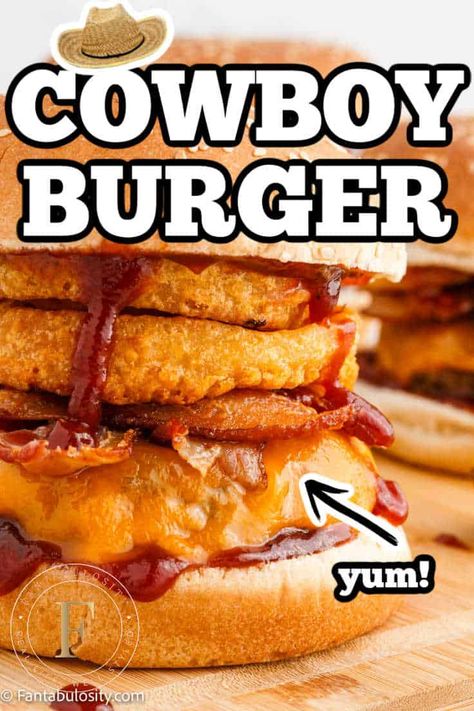 Cowboy Burgers, Western Burgers, Onions Rings, Bbq Burger Recipes, Cowboy Burger, Bbq Hamburgers, Cowboy Food, Homemade Burger Recipe, Juicy Lucy Burger