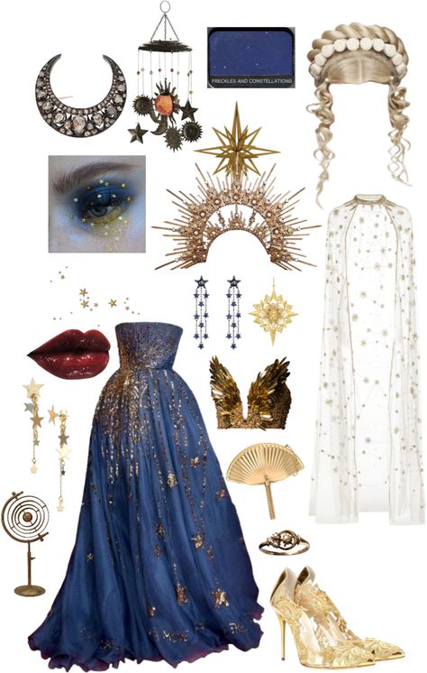 Celestial Bodies Met Gala, Met Gala Celestial Bodies, Met Gala Outfits, Gala Outfit, Blue Bar, Gold Moon, Glitter Stars, Outfit Shoplook, Rose Cut Diamond