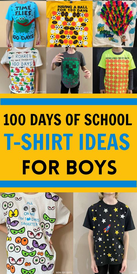 Celebrate the 100th day of school with these easy homemade DIY 100 days of school shirts for boys. Created especially for boys, these T-shirts are for kids who love dinosaurs, sports and Minecraft: I roared my way through 100 days, all eyes on me I am 100 days smarter, time flies 100 days, I ninja'd my way through 100 days, creeping my way to 100 days, having a ball for 100 days. You can make these simple DIY 100 days of school T-shirts for kids. 100 Days Of School Shirts, 100 Day Project Ideas, 100 Day Shirt Ideas, 100days Of School Shirt, Heat Transfer Vinyl Shirts, 100th Day Of School Crafts, 100 Day Of School Project, School T Shirts, School Costume