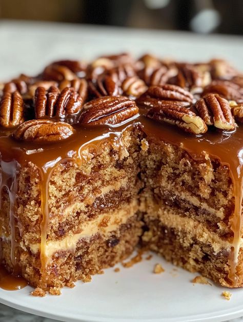 I just have to say, this Caramel Pecan Cake is pure bliss in every bite. Whether you’re here because you’re a dessert lover or because you’re in search of the perfect cake to impress guests (or just spoil yourself!), you’re in the right place. This cake is a beautiful balance of sweet caramel, crunchy pecans,... Pecan Spice Cake, Caramel Pecan Cake, Cashew Cake, Spiced Pecans, Coconut Pecan, Pecan Cake, Caramel Pecan, Crunchy Pecans, Sweet Treats Recipes