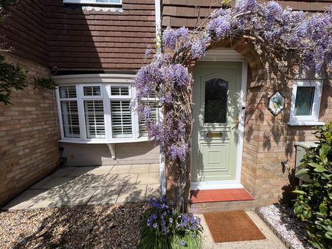 Wisteria Over Front Door, Wisteria Front Door, Front Door Decor, Bay Window, Wisteria, Door Decor, First Home, Outdoor Area, Garden Ideas