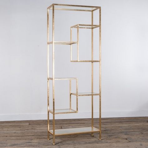 Gold Metal Abstract Shelf Shelving Unit Decor, Gold Shelving, Glass Shelving Unit, Shelves Bedroom, Glass Shelves Decor, Glass Shelf Brackets, Glass Shelves Kitchen, Gold Shelves, Gold Home Accessories