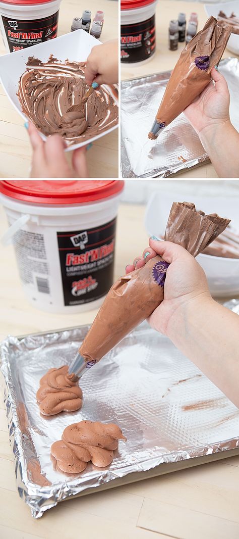 How To Make Fake Poop, Yes... Fake Poop! - Something Turquoise Fake Poop Recipe, Chicken Poop Board, Poop Party Games, Fake Poop Out Of Toilet Paper Holder, Fake Poop, Poop Party, Poop Meme, Frosting Tips, Pastry Bag