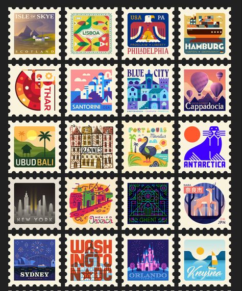 Travel Design Ideas, Post Stamp Design, Stamp Graphic, Stamp Illustration, Beauty Salon Business Cards, Postage Stamp Design, طابع بريدي, Adobe Fresco, Postage Stamp Art