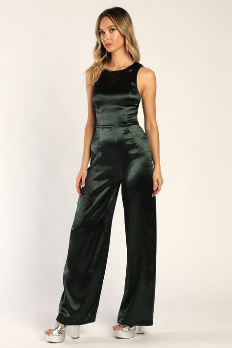 Green Satin Jumpsuit, Satin Jumpsuit, Satin Sash, Lulu Fashion, Rounded Neckline, Green Satin, Wide Legs, Wide Leg Jumpsuit, Hunter Green