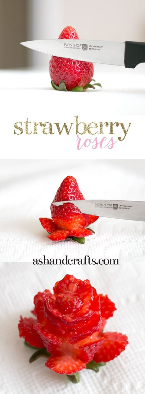 Learn how to cut strawberries into roses. See this tutorial and more at ashandcrafts.com Rose Cake Decorating, Cut Strawberries, Strawberry Roses, Decorações Com Comidas, Cookie Decoration, Snacks Für Party, Idee Pasto Sano, Cake Cookie, Creative Food