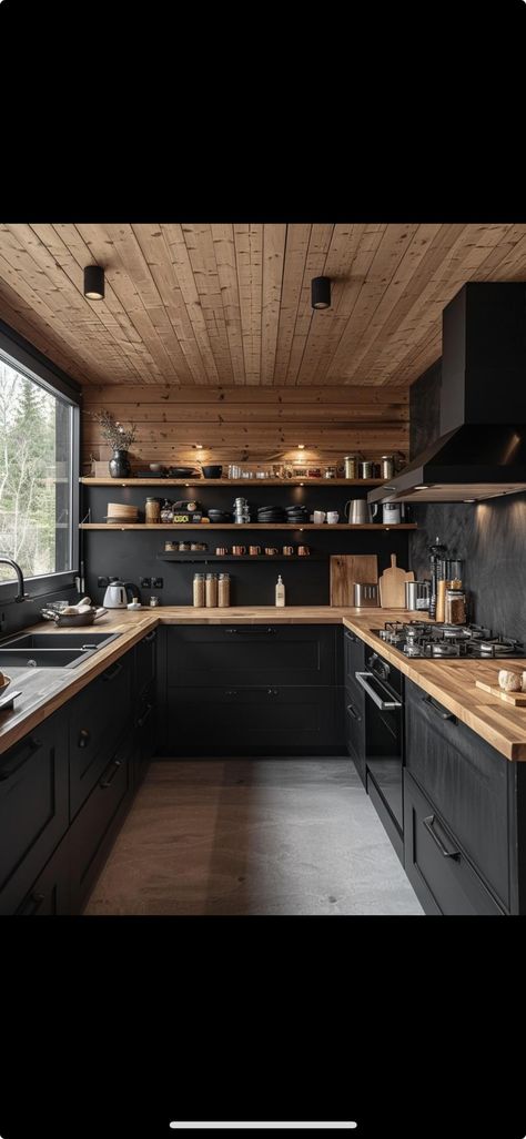 Black Kitchen With Wooden Worktop, Black Backsplash Wood Countertop, Black Matte Kitchen, Black Kitchen Wood Countertop, Small Dark Kitchen, Black Interior Kitchen, Quartz Countertops Kitchen, Black Kitchen Cabinets Butcher Block, Kitchen Black