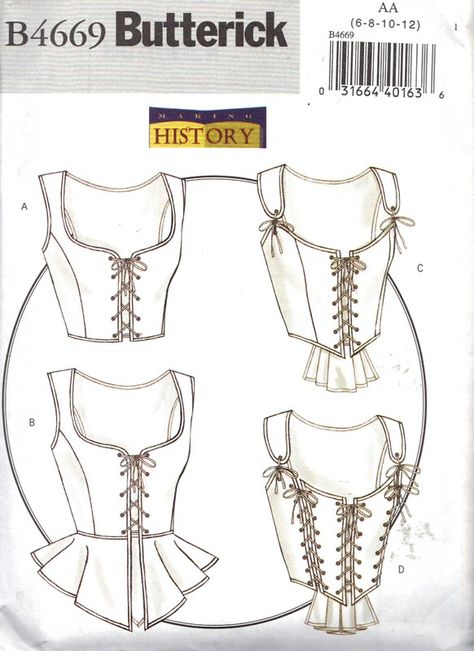 Butterick B4469 Historical Corset Pattern UNCUT - I love these and wish I could wear to make me look smaller but if you know me, well you know that with my chest it's near impossible to get into one of these without my chest rising up to make me feel like I can't breathe.  :) Medieval Corset, Peplum Lace, Sew Projects, Corset Pattern, Sew Ins, Costume Patterns, Couture Mode, Medieval Clothing, Diy Sewing Clothes