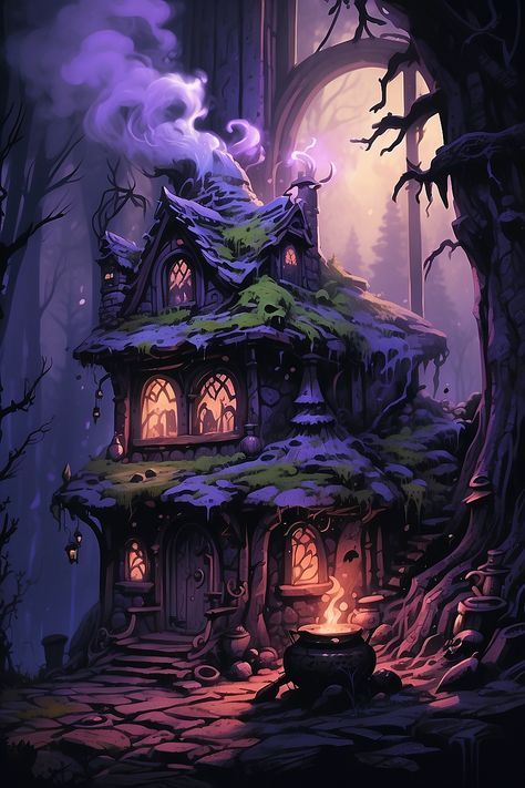 Witch Hut Interior Concept Art, Witch House In The Woods, Witch Hut Art, Witch Hut Concept Art, Witch House Concept Art, Witch’s House, Witch Aesthetic House, Bog Witch Aesthetic, Witch Illustration Vintage