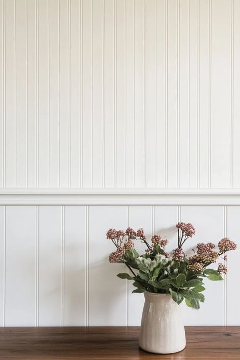 "Create a stunning focal point with a DIY Beadboard Accent Wall! 🛠️🎨 Perfect for adding depth and texture to your space. 🌟✨ #DIYHomeDecor #BeadboardStyle #WallDecor" Cottage Style Accent Wall, Bead Board With Ledge, Cottage Beadboard Walls, Cottage Core Accent Wall, Beadboard Half Wall Kitchen, Vertical Beadboard Walls, Beadboard Basement Walls, Beadboard Colors, Beadboard Walls Kitchen