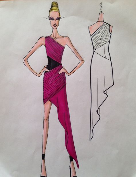 Fashion sketch of one of my NIKOLAKI Fall 2014 dresses--one shoulder draped silk jersey asymmetrical dress with attached leather midriff "corset" Asymmetrical Dress Drawing, Asymmetrical Dress Illustration, Informal Balance Dress, Formal Balance Dress, Balance Dress Design, Sketches Realistic, Formal Balance, Draping Dress, Asymetrical Dress