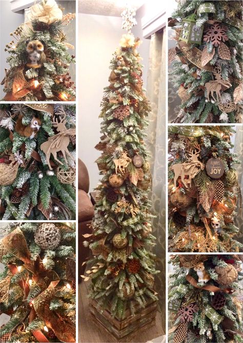 Loving the blend of tan, brown and muted shades of green, and the natural elements of pine cones and seed pods next to sparkly frosted acorns and snowflakes! The fuzzy little forest animals are so cute tucked in with corrugated cardboard cutouts of elegant deer silhouettes and lanterns. Feathers, twine and twig balls, a variety of branches, and cloth herringbone leaves lined with glitter give it layers of pleasing texture. This little pencil tree really embraces a cozy winter woodland feel. Woodland Pencil Christmas Tree, Elegant Woodland Christmas Tree, Woodland Tree Christmas, Winter Woodland Christmas Decor, Rustic Woodland Christmas Tree, Boho Christmas Tree Ideas, Pencil Trees Decorating Ideas, Christmas Inn, Christmas Cabin Decor