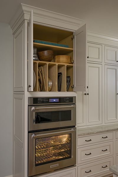 Custom Built Cabinets Kitchen, Microwave Above Dishwasher, L Shaped Kitchen Corner Cabinet, Bakeware Organization Storage Ideas, The Established Home Jean Stoffer Kitchen, New Built Home Ideas, Cabinet Next To Stove Kitchen Ideas, Wall Of Kitchen Cabinets Full, Corner Oven Kitchen Layout