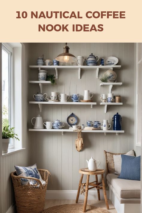 Nautical coffee nook featuring blue and white ceramics. This pin showcases ideas for creating a cozy coastal vibe, perfect for coffee lovers.