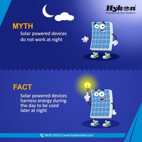 Do solar powered devices work at night? Let's demystify the myth.  #solarpower #solar #hykon #solarpanels #solarenergy Solar Energy Poster Design, Solar Energy Advertising, Myth Fact, Solar Panel Poster Design, Myth Vs Fact, Solar Energy Design, Energy Facts, Sidney Sheldon, Cosmetics Advertising