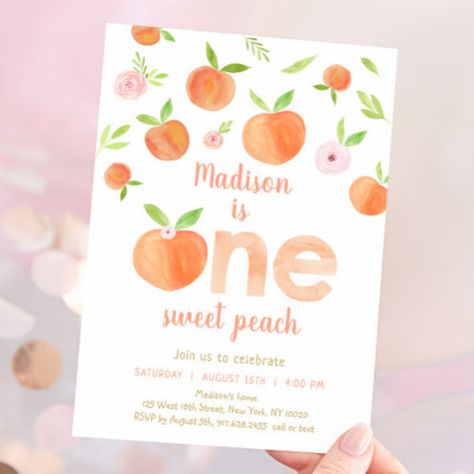 One Sweet Peach 1st Birthday for $3.15 - Birthday Invitations One Sweet Peach Invitations, First Birthday Peach, One Sweet Peach Birthday, Sweet As A Peach Birthday, Painted Peaches, Peach 1st Birthday, Peach First Birthday, One Sweet Peach, Bday Themes