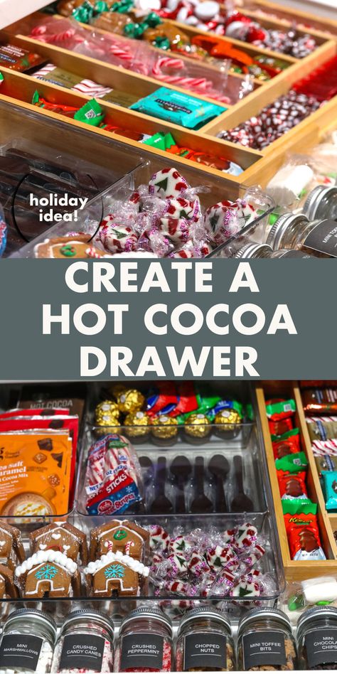 Save counterspace with your hot cocoa toppings this holiday season and make a Hot Cocoa Drawer! Get the breakdown on how to make a Hot Cocoa Drawer for all your hot chocolate essentials this holiday season! It's Hot Chocolate Seasons! Hot Cocoa Caddy, Hot Cocoa Gift Ideas, Hot Cocoa Gift, Cocoa Gift, Holidays Ideas, Extension Ideas, Hot Chocolate Bars, Cocoa Mix, Cocoa Bar