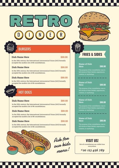 Hand-drawn Retro Burger & Hot Dog Diner Menu Retro Burger Restaurant, Hot Dog Menu Design, Hot Dog Restaurant Design, Retro Burger, Burger Hot Dog, Hot Dog Restaurants, Diner Menu, Burger Menu, Menu Layout