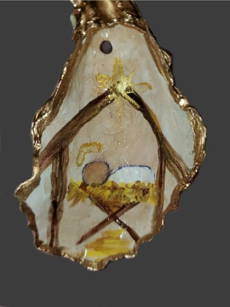 Nativity Oyster Shell, Christmas Painted Oyster Shells, Oyster Nativity Scene, Oyster Shell Painting Ideas, Oyster Shell Nativity Scene, Christmas Oyster Shells, Painted Oyster Shells Ideas, Oyster Shell Nativity, Oyster Wreath