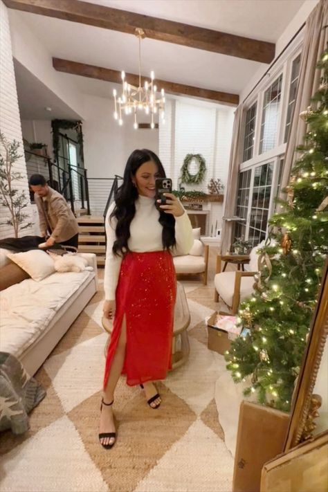 Red Sequin Midi Skirt Outfit, Sequin Skirt Holiday Outfit, Red Sequin Skirt Outfit, Sequin Midi Skirt Outfit, Sparkly Skirt Outfit, Red Sequin Skirt, Red Skirt Outfits, Holiday Skirt Outfits, Sequin Skirt Outfit