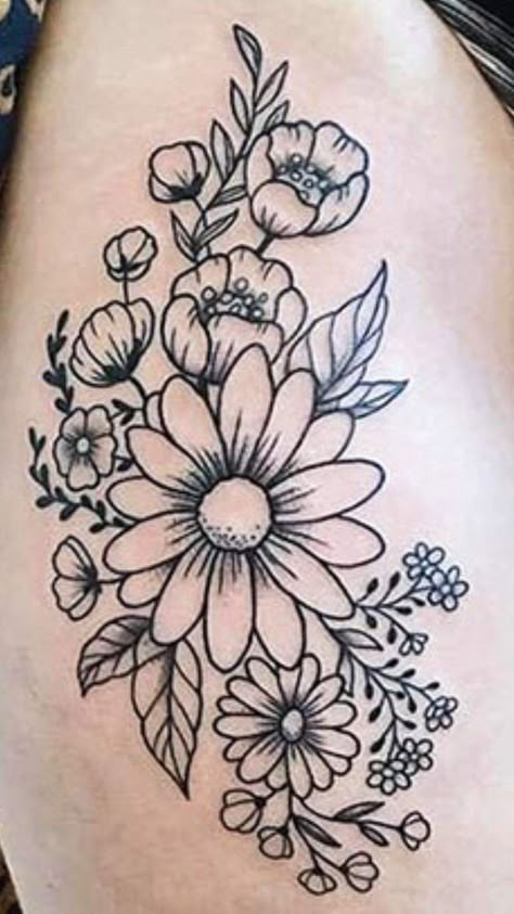 Daisy Hip Tattoos Women, Daisy Leg Tattoo, Flower Tattoo Fillers Sleeve, Thigh Tattoo Simple, Tiger Tattoo Thigh, Inner Thigh Tattoos, Flower Hip Tattoos, Daisy Tattoo Designs, Daisy Flower Tattoos