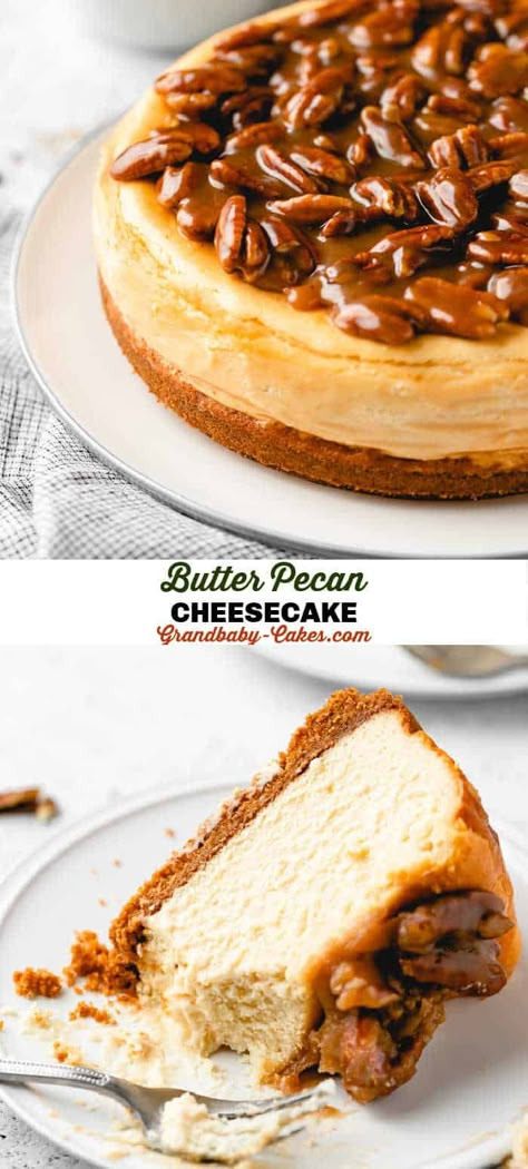 Cheesecake Recipes Bourbon, Butter Pecan Pie Cheesecake, Cheesecake Recipes Pecan, Browned Butter Pecan Cheesecake, Butter Pecan Topping, Butter Pecan Cheesecake Bars, Brown Sugar Pecan Pie Cheesecake, Brown Butter Pecan Cheesecake, Salted Caramel Pecan Cheesecake