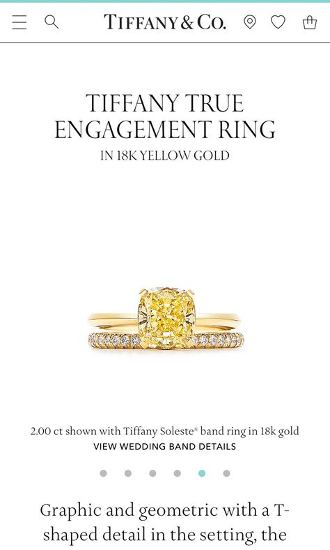 Graphic and geometric with a T-shaped detail in the setting, the Tiffany True engagement ring is a new icon of modern love. Featuring an 18k gold band, the fancy yellow cushion modified brilliant diamond sits low on the finger. Yellow Diamond Engagement Ring Brilliant Earth, Yellow Diamond Engagement Ring Tiffany, Tiffany True Engagement Rings, Tiffany Engagement Ring Gold, Tiffany Gold Engagement Ring, Tiffany Yellow Diamond Ring, Tiffany Gold Ring, Tiffany Yellow Diamond, Canary Engagement Ring