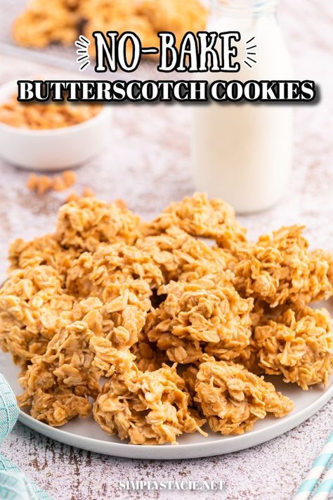 A plate of no-bake butterscotch cookies. No Bake Butterscotch Oatmeal Cookies, White Chocolate Butterscotch Cookies, No Bake Butterscotch Bites, No Bake Butterscotch Cookies, Butterscotch No Bake Cookies, Butterscotch No Bake, Butterscotch Treats, Butterscotch Cookies Recipes, Butterscotch Desserts