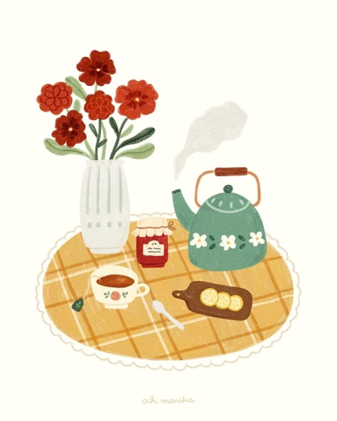 Bringing a touch of serenity to your feed with this cute little illustration 🌤️ . Who else wouldn't say no to a cozy tea break surrounded… | Instagram Tea Illustration, Cozy Tea, Picture Books Illustration, Simple Joys, Tea Break, February 8, Ap Art, Illustration Character Design, Scrapbook Journal