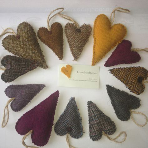 Harris Tweed Lavender Hearts Tweed Sewing Projects, Tweed Christmas Decorations, Tweed Crafts, Wool Blanket Upcycle, Fabric Hearts, Lavender Bags, Wool Projects, Heart Crafts, 자수 디자인