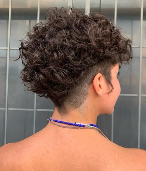 Short Curly Tapered Haircut, Curly Mullet Undercut, Curly Shaved Sides Mullet, Shaved Curly Hairstyles, Curly Hair Mullet Shaved Sides, Curly Mullet Shaved Sides, Side Shave Curly Hair Short, Mullet Curly, Curly Pixie Haircut