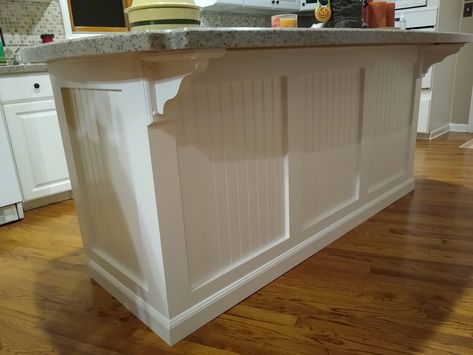 Headboard Kitchen Island, Kitchen Island Waynes Coating, Kitchen Island Moulding, Island Moulding, Kitchen Island Beadboard Ideas, Beadboard Island Kitchen, Board And Batten Kitchen Island Diy, Island Wainscoting, Kitchen Island Redo