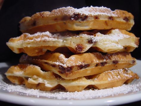 Eat for breakfast sprinkled with powdered sugar, or top it with a scoop of ice cream for dessert.  Recipe came with my Cuisinart waffle maker.  Recipe called for 1 2/3 cups milk, but I ended up adding at least another 1/3 cup. Chocolate Chip Waffle Recipe, Waffle Truck, Fisker Karma, Crepes Party, Chocolate Chip Waffles, Belgian Waffles Recipe, Waffle Iron Recipes, Epicure Recipes, Waffle Ingredients