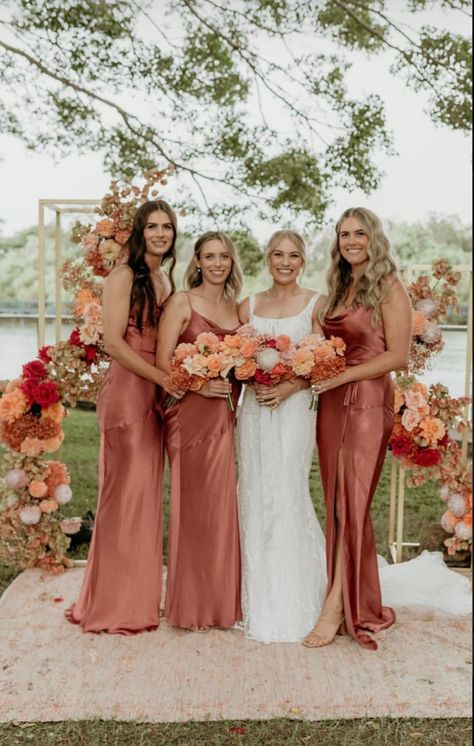 Canyon Sunset Bridesmaid Dress, Unique Bridesmaid Color Scheme, Rosy Sunset Wedding Colors, Peach Wedding Theme Bridesmaid Dress, Bridal Party Terracotta, Salmon Pink Bridesmaid Dresses, May Wedding Colors Spring Bridesmaid Dresses, Pink Orange Bridesmaid Dresses, Sunset Color Wedding Theme