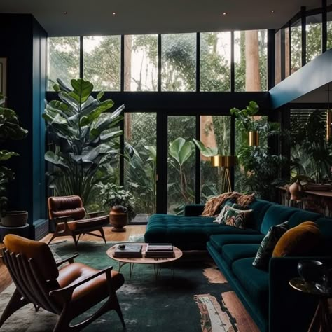 Dark Modern Eclectic Decor, Mid Century Jungle, Rainforest Inspired Living Room, Tropical Mid Century Modern Living Room, New Deco Interior Design, Moody Tropical Living Room, Dark Green Art Deco Living Room, Modern Bohemian Aesthetic, Art Deco Mid Century Modern Living Room