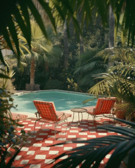 Retro retreats ❤️ Time travel's real, and it brought me here: Palm Springs, 1957. #HiddenOasis #ArtPrints Palm Springs Vibe Decor, 1970s Palm Springs, Retro Resort Aesthetic, 80s Palm Springs, Palm Springs Houses Exterior, Palm Springs Yard, Palm Springs 70s, 70s Pool Aesthetic, 50s Palm Springs Aesthetic