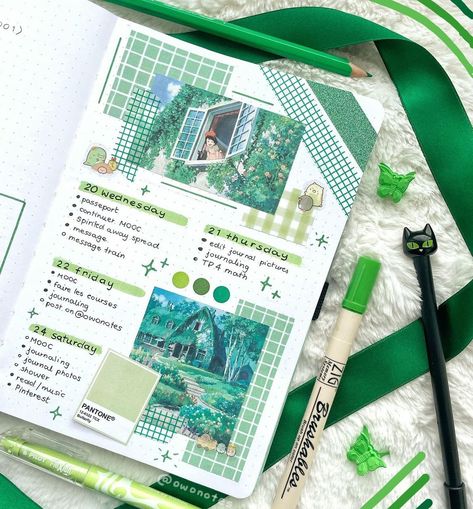 𝙇 ♡ 𝙤𝙬𝙤𝙣𝙤𝙩𝙚𝙨 on Instagram: “🌟💚 weekly spread inspired by Kiki’s delivery service 💚🌟 - #bulletjournal #bulletjournaling #journal #journaling #anime #manga #japan #cute…” Boarders Designs For Projects, Japan Cute, Bullet Journal Ideas Templates, Manga Japan, Goal Journal, Bullet Journal Paper, Bulletin Journal Ideas, Bullet Journal Aesthetic, Art Journal Therapy