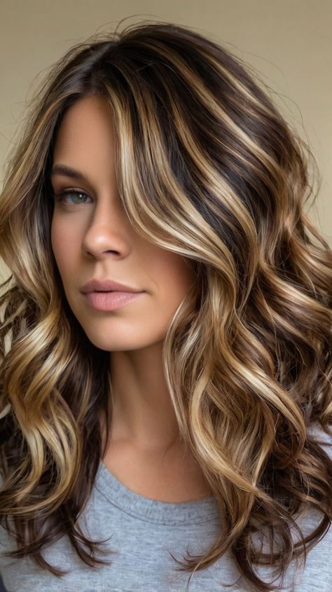 Stylish Dark Brown Hair with Blonde Ideas: Hair Ideas for Champagne Babylights 💫 Caramel Blonde Highlights On Brown Hair, Chocolate Brown Hair With Balayage, Dark Brown Hair Caramel Highlights, Brown Hair With Icy Blonde Highlights, Highlights With Brown Hair, Chocolate Brown With Blonde Highlights, Bad Highlights, Blonde Highlights Underneath, Brown Hair Blonde Highlights