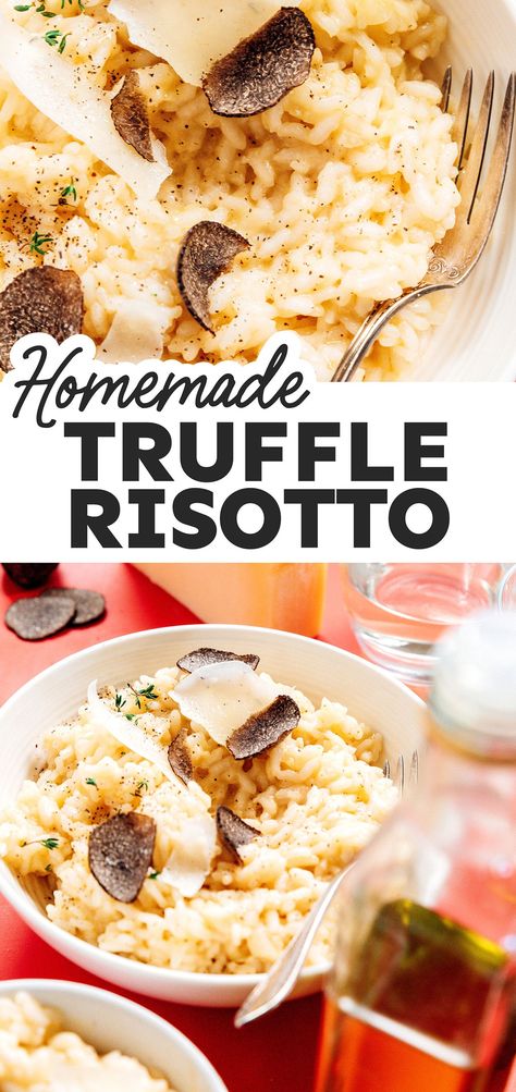 Take your favorite comfort food to new heights with the addition of truffle oil for the best fresh Truffle Risotto around. Made with arborio rice, garlic, and (optionally) white wine! It's a flavor packed dinner recipe the whole family is going to love! Untraditional Thanksgiving Dinner, Truffle Risotto Recipe, Fresh Truffle, Truffle Risotto, Truffle Oil Recipes, Vegetarian Italian Recipes, Vegetarian Risotto, Risotto Recipes Easy, Masterchef Recipes