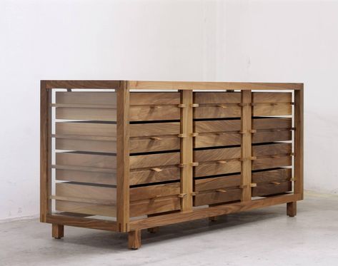 "Optimum" Glass and Walnut Chest of 12 Drawers by Stephane Lebrun for Dessie' For Sale at 1stDibs 2 Sided Dresser, Brian Hubel Furniture, Deep Wooden Cabinet, Wood Frame Storage, Indoor Wood Storage Credenza, Stripped Walnut Furniture, Wood Cabinet Brass, Wood Cabinets For Sale, Glass Drawer Cabinet