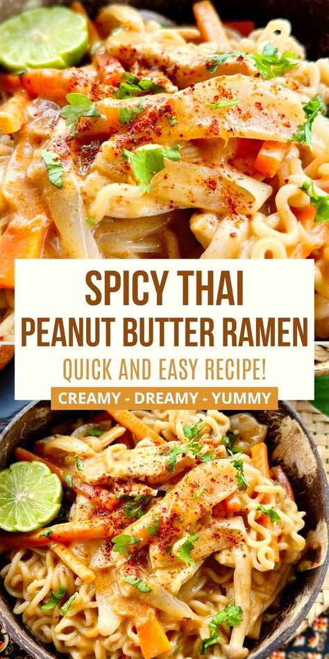 Get the most delicious creamy ramen noodles with this peanut butter recipe! Featuring a rich peanut sauce, a hint of spice, and fresh vegetables, this dish is perfect for a quick, satisfying dinner. It’s an easy way to enjoy the flavors of Thai cuisine at home in just 20 minutes. Creamy Ramen Noodles, Ramen Dinner Recipes, Prep Food Ideas, Creamy Ramen, Recipes With Ginger, Thai Dinner Recipes, Easy Thai Chicken, Asian Dinner Ideas, Peanut Butter Ramen