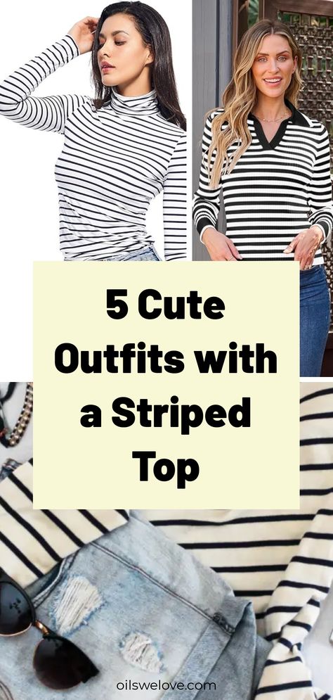 A striped top outfit is a versatile and timeless choice that can be dressed up or down for any occasion. Pair a classic black and white striped top with high-waisted jeans and sneakers for a casual and chic look, or dress it up with a tailored blazer, trousers, and heels for a more polished ensemble. Black And White Striped Shirt With Jeans, Gray And White Striped Shirt Outfit, How To Style Black And White Stripe Top, Black And White Stripe Top Outfit, White And Black Striped Shirt Outfit, Black White Striped Shirt Outfit, Navy Stripe Top Outfit, Striped Shirt Outfit Fall, Black And White Striped Shirt Outfit