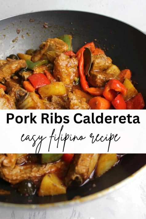 Pork Ribs Caldereta Recipe Pork Ribs Caldereta Recipe, Filipino Pork Ribs Recipe, Country Pork Ribs Recipes, Pork Caldereta Recipe, Pork Caldereta, Pork Riblets Recipe, Tender Pork Ribs, Pork Ribs Soup, Pilipino Recipe